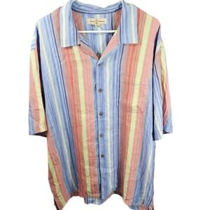 Tommy Bahama‎ Shirt Mens XL Multicolor Striped Linen Silk Palm Embroidered Beach